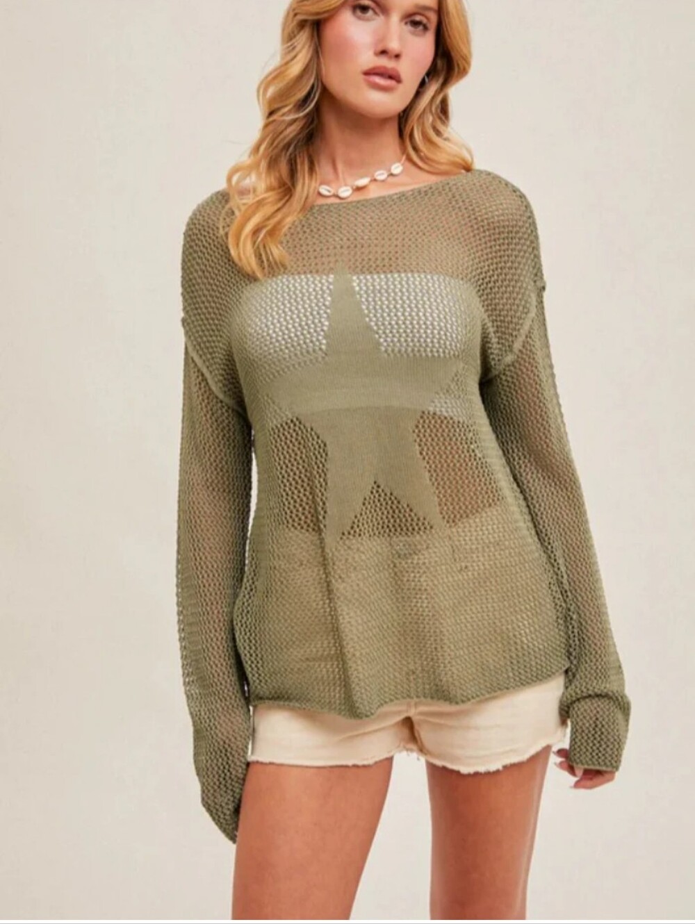 Hem And Thread Olive Star Fishnet Sweater